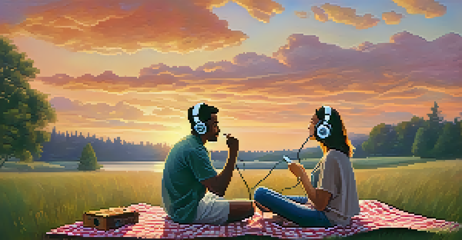 A couple sitting on a picnic blanket, sharing headphones, with a beautiful sunset in the background.