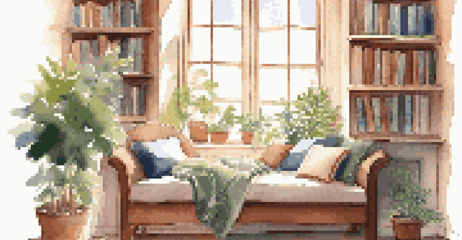 A cozy reading nook with cushions, a blanket, and sunlight streaming through a window.