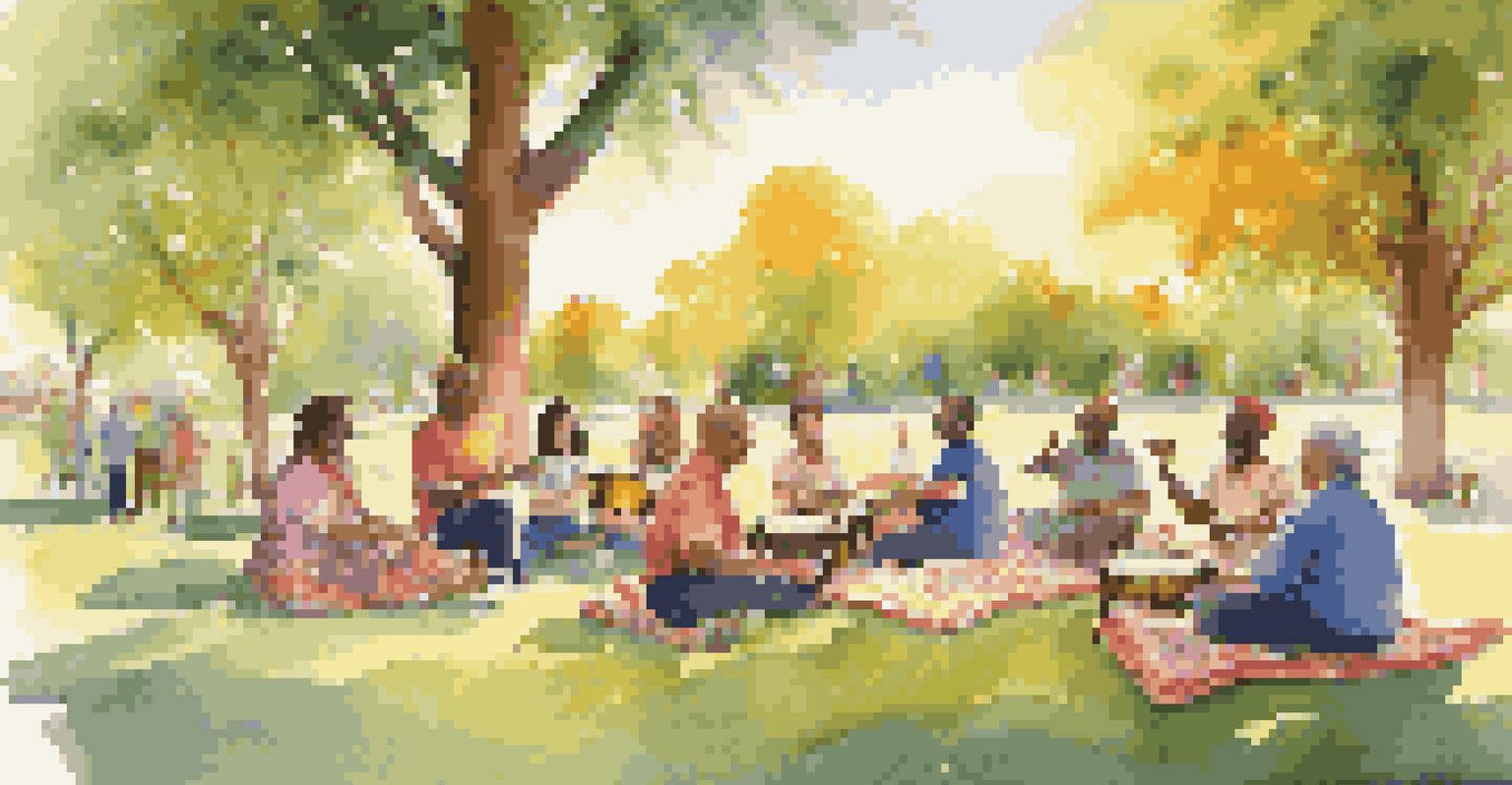 A lively outdoor music therapy session in a park with people playing percussion instruments, surrounded by greenery and a sunset.