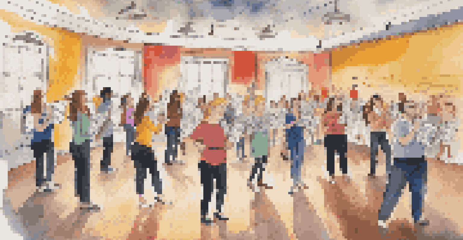 Performers engaging in vocal warm-ups in a bright theater studio with music sheets and a vocal coach.