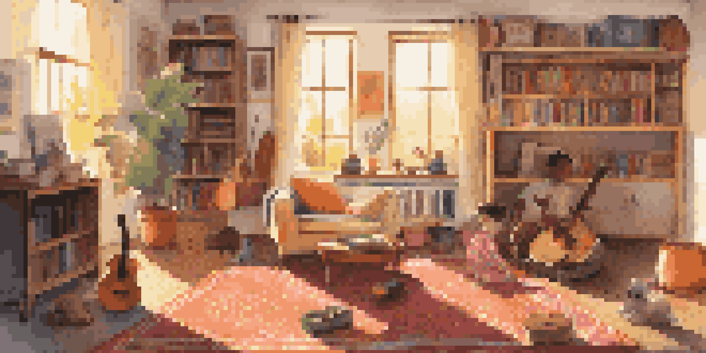 A child playing with musical instruments in a cozy living room, surrounded by books and family photos, with sunlight streaming through a window.