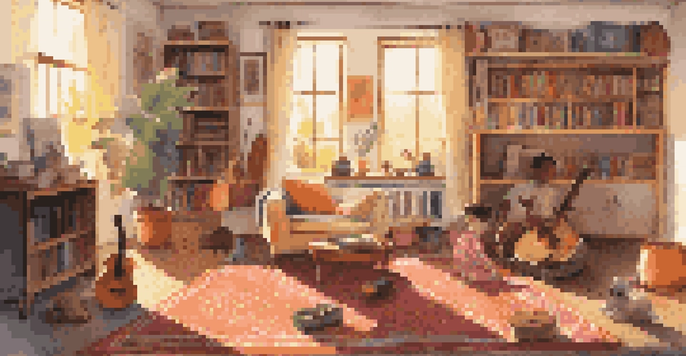 A child playing with musical instruments in a cozy living room, surrounded by books and family photos, with sunlight streaming through a window.