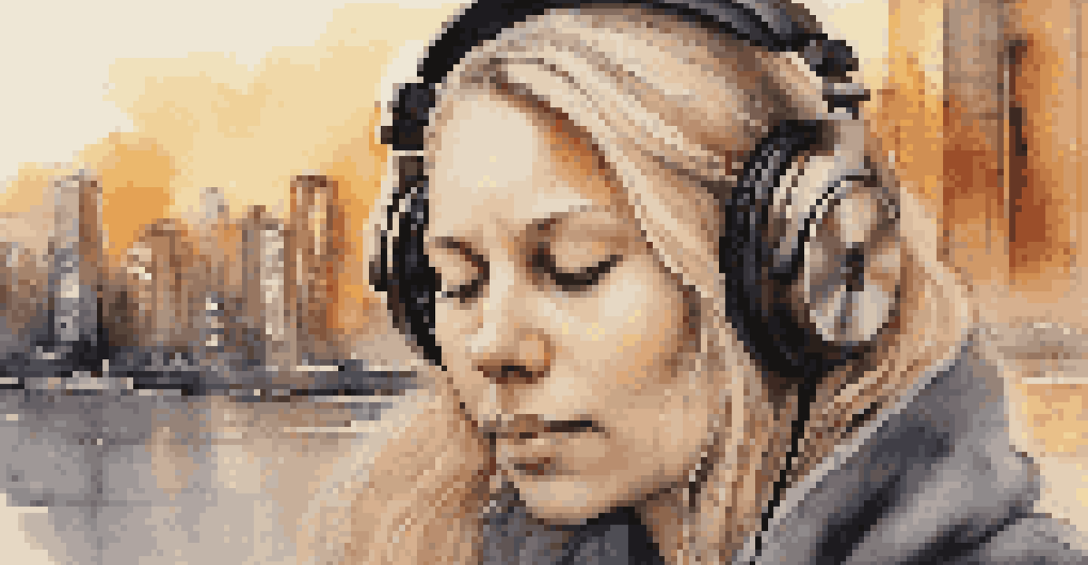 A person with headphones enjoying music, eyes closed, with a blurred cityscape at sunset in the background.