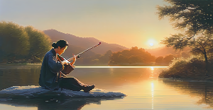 A musician playing the Erhu by a lake during sunset, surrounded by nature.