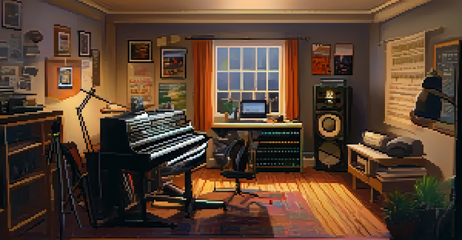 A cozy home studio with a singer-songwriter and a producer collaborating on music, surrounded by instruments and a laptop.