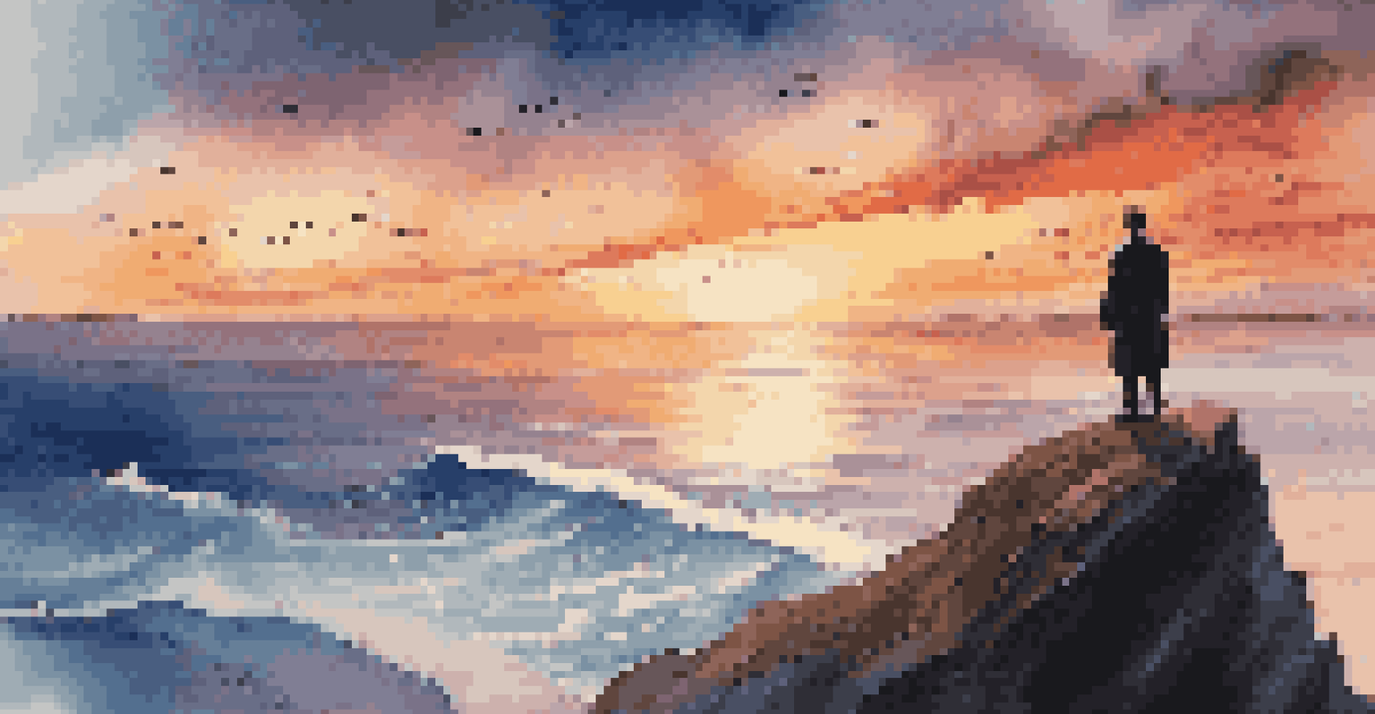 A character on a cliff at sunset with swirling musical notes in the air, illustrating an emotional film scene.