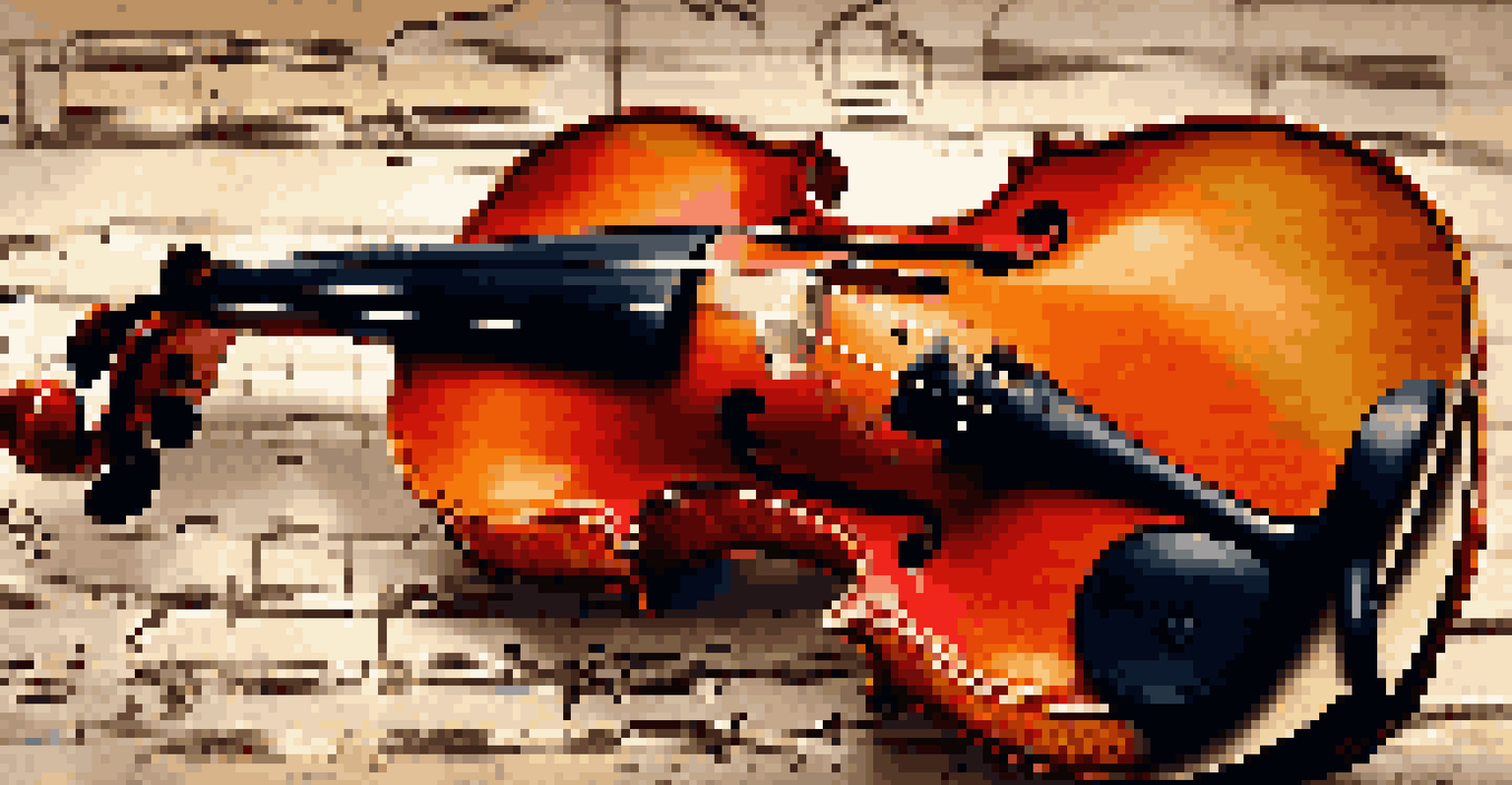 A close-up of a vintage violin on a sheet of handwritten music.
