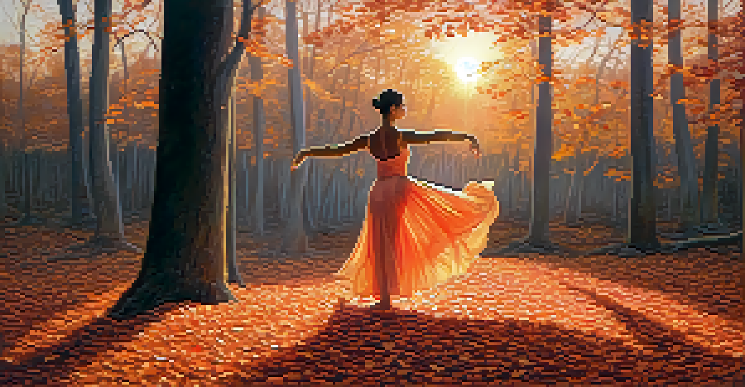 A dancer in a forest clearing at sunset, with warm hues illuminating the scene and leaves scattered on the ground, creating a magical ambiance.