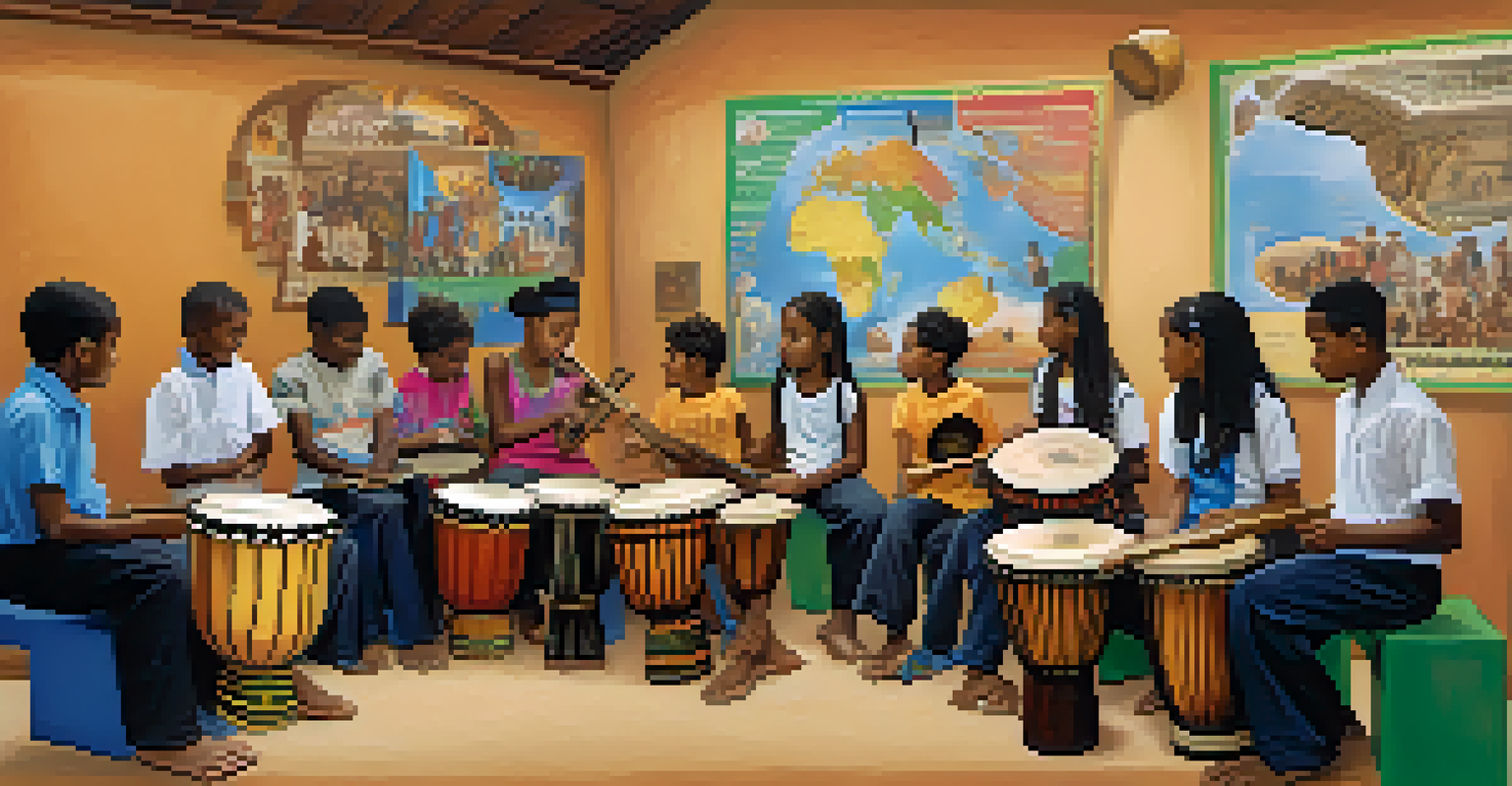 A classroom with students learning traditional musical instruments, with a teacher demonstrating an African djembe drum and cultural music posters on the walls.