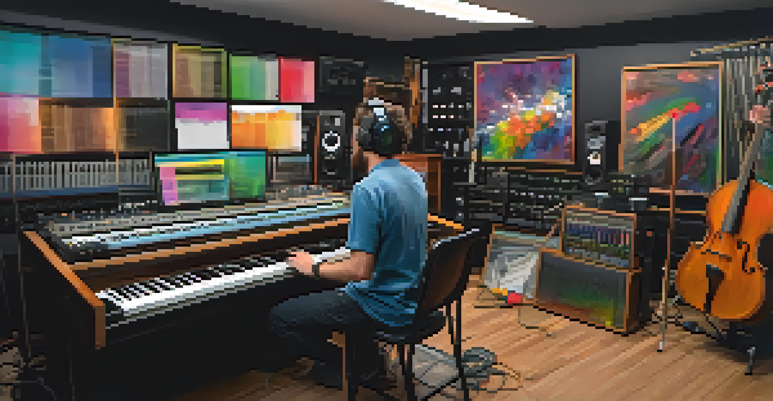 An artist in a music studio creating music on a smartphone app, surrounded by instruments and recording equipment.