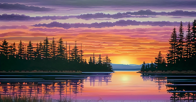 A tranquil lake at sunset with colorful reflections and silhouettes of pine trees.