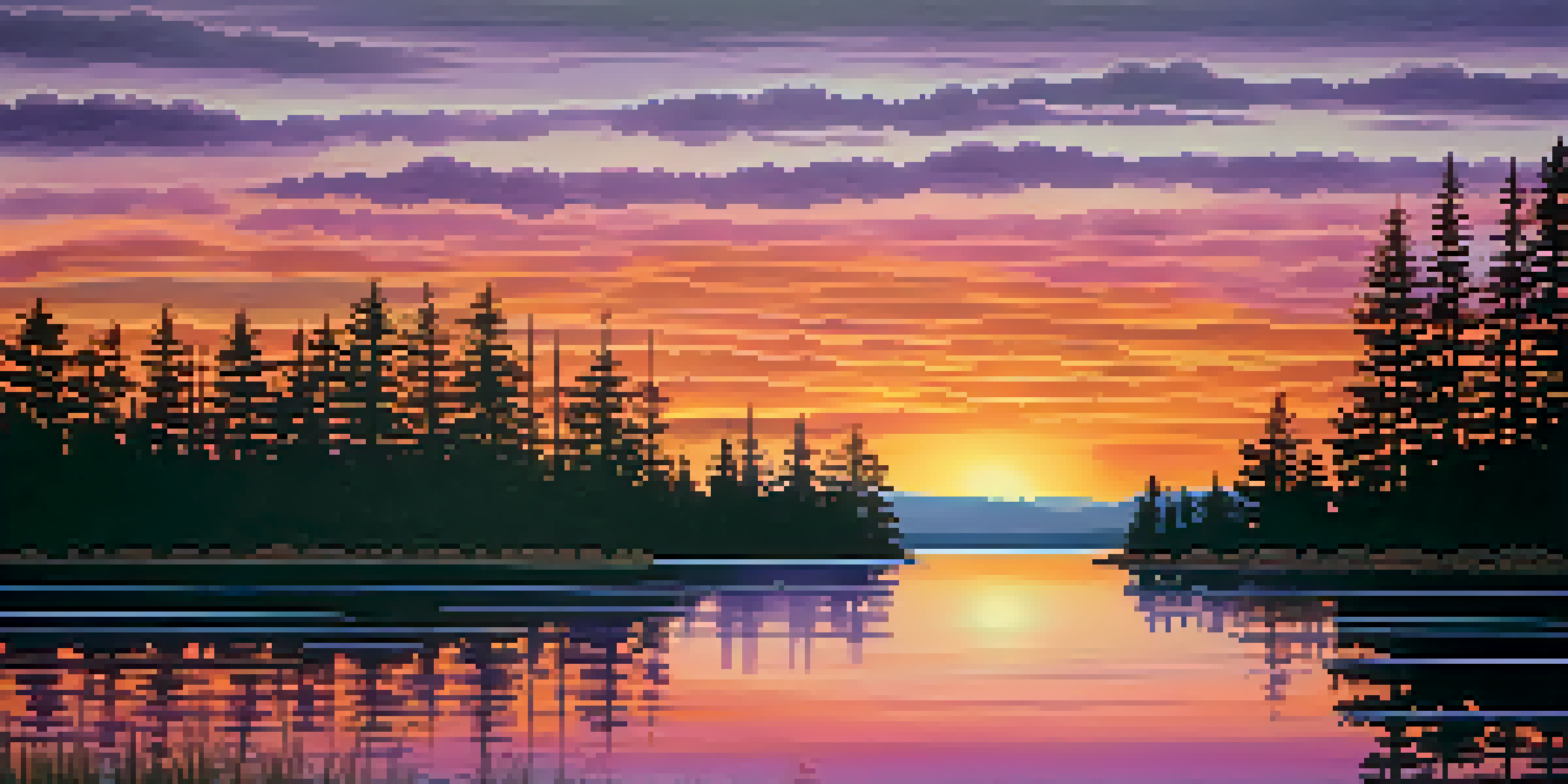 A tranquil lake at sunset with colorful reflections and silhouettes of pine trees.