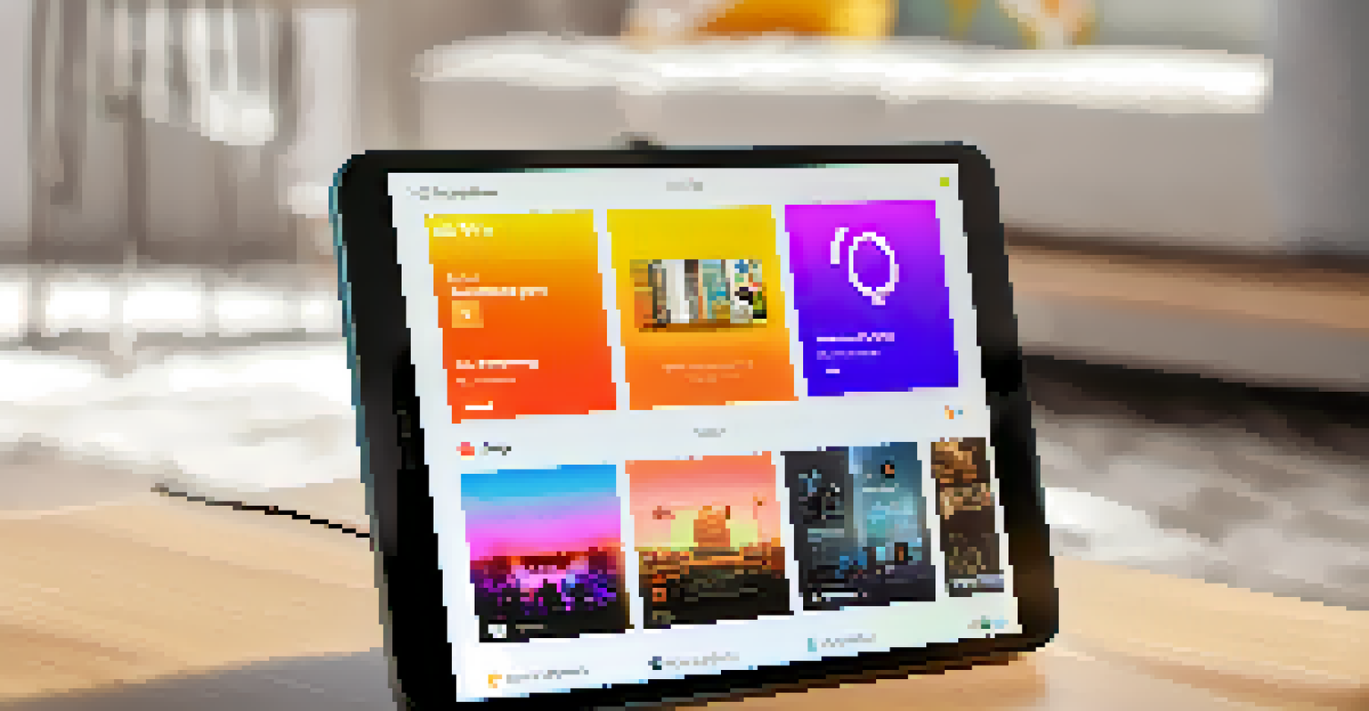 A close-up of a smartphone screen showing a music streaming app with colorful album covers in a cozy living room setting.
