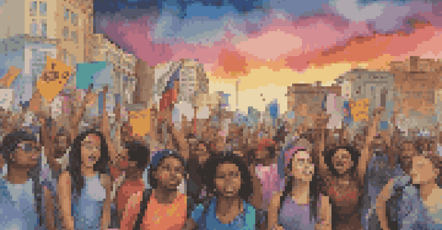A youth-led protest with activists holding signs and musical elements in a sunset backdrop.