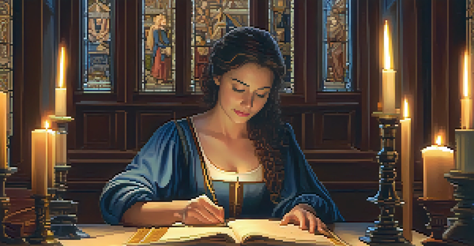 A medieval woman composer writing music in a candlelit room filled with tapestries and illuminated by soft golden light.