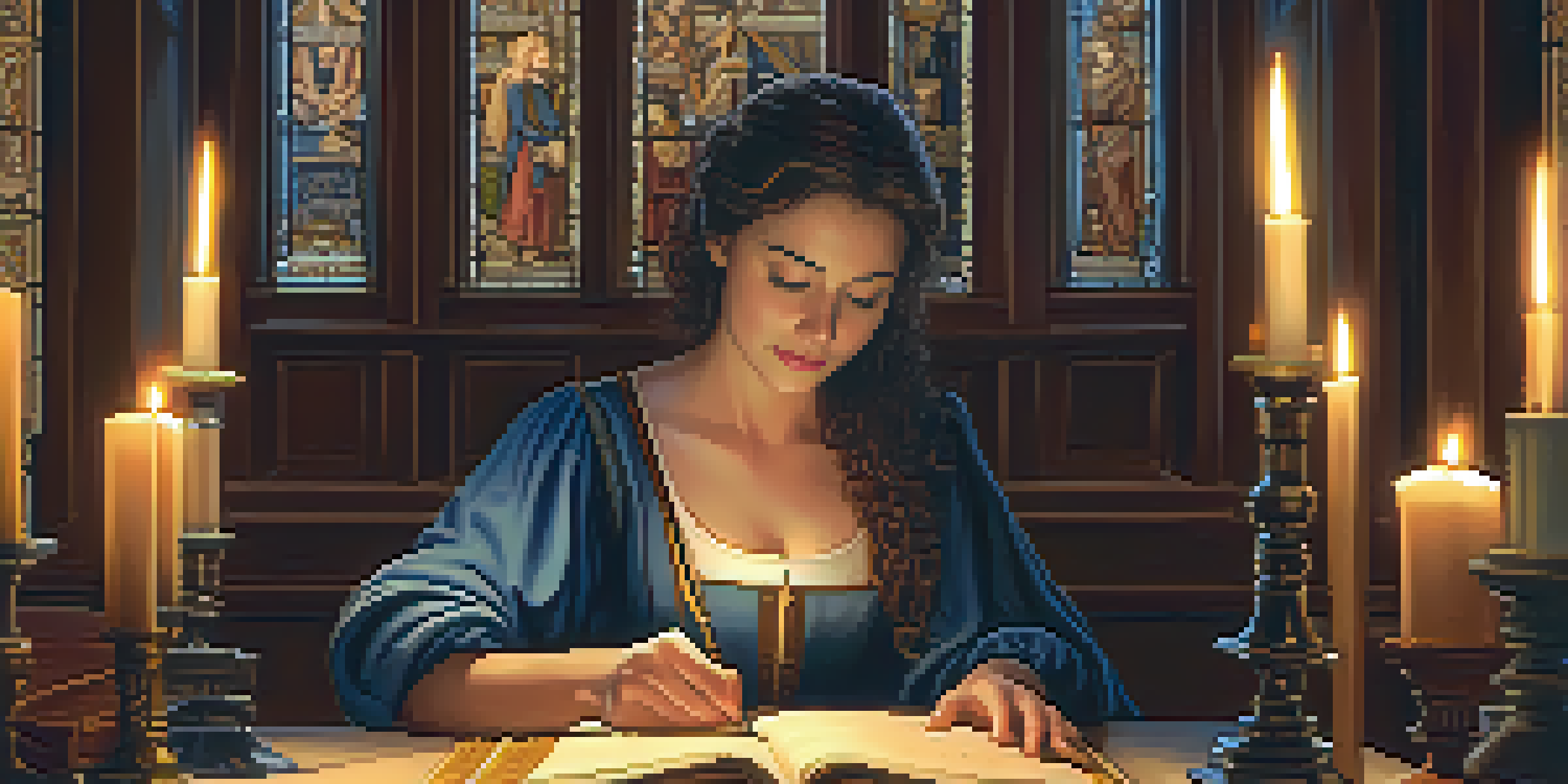 A medieval woman composer writing music in a candlelit room filled with tapestries and illuminated by soft golden light.