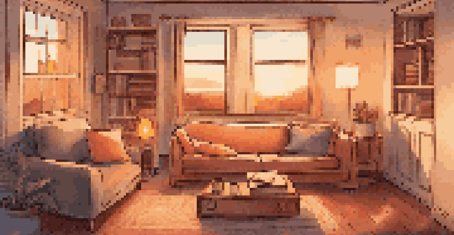 A cozy living room with a record player, warm lighting, and a steaming cup of tea.