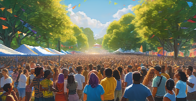 A lively outdoor music festival with diverse young people singing together, surrounded by colorful banners and signs promoting social causes.