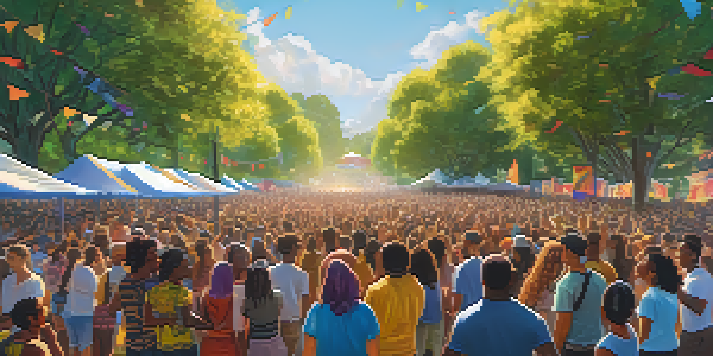 A lively outdoor music festival with diverse young people singing together, surrounded by colorful banners and signs promoting social causes.