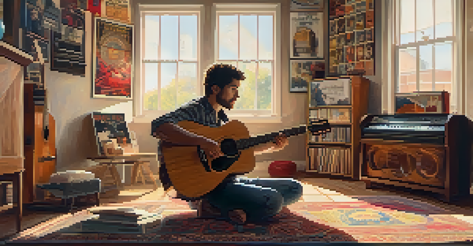 A musician playing an acoustic guitar in a cozy room filled with sunlight and music posters.