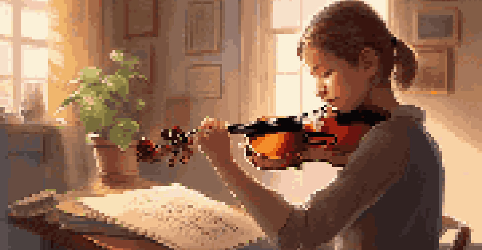 A close-up of a student playing the violin in a warmly lit room, with the focus on their hands and sheet music in the background.