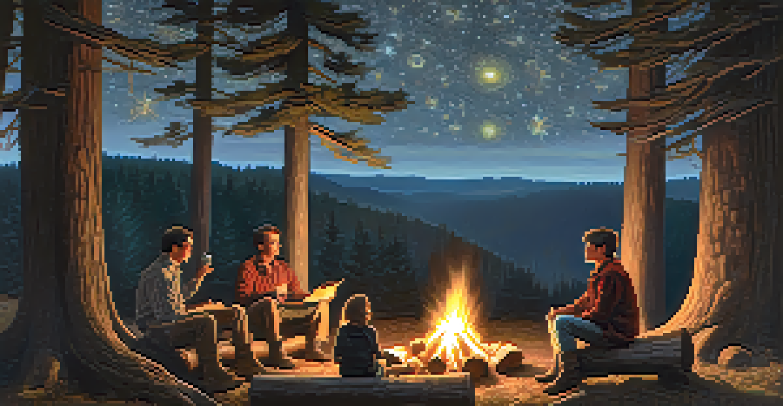 A storyteller by a campfire sharing a story with an engaged audience in a forest at night.