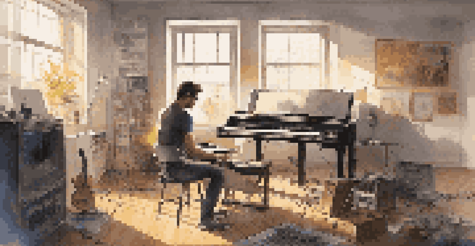 An artist in a modern studio, playing guitar and working on music production with sunlight streaming in.