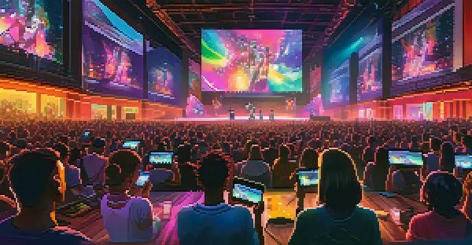 A lively virtual concert scene with diverse fans enjoying a performance on their devices, colorful stage lights, and visuals on screens.