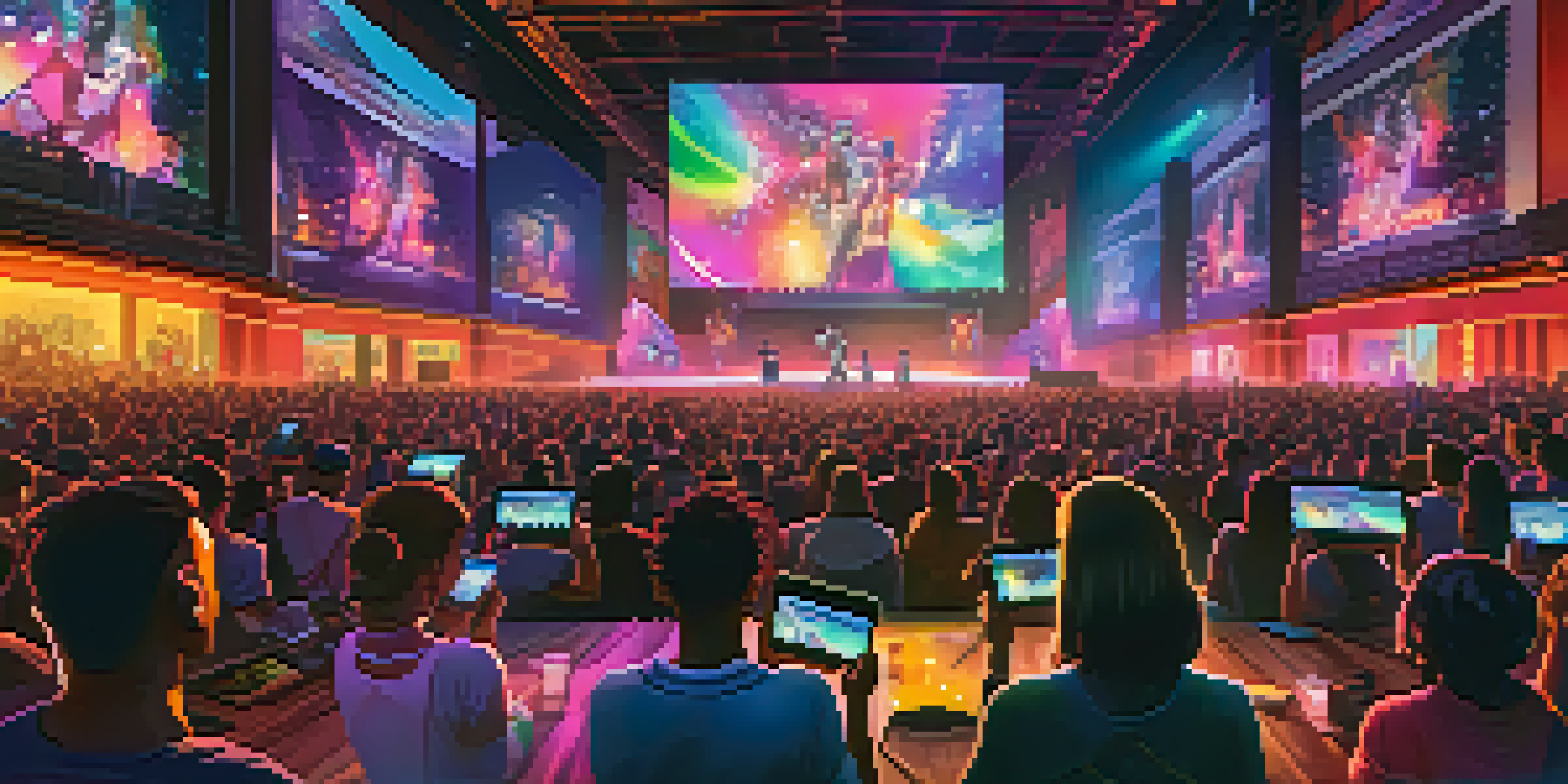A lively virtual concert scene with diverse fans enjoying a performance on their devices, colorful stage lights, and visuals on screens.