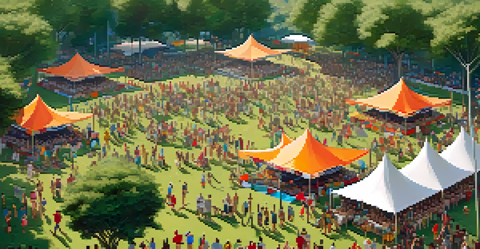 An aerial view of a music festival in a green park with multiple stages and diverse attendees enjoying food and music.