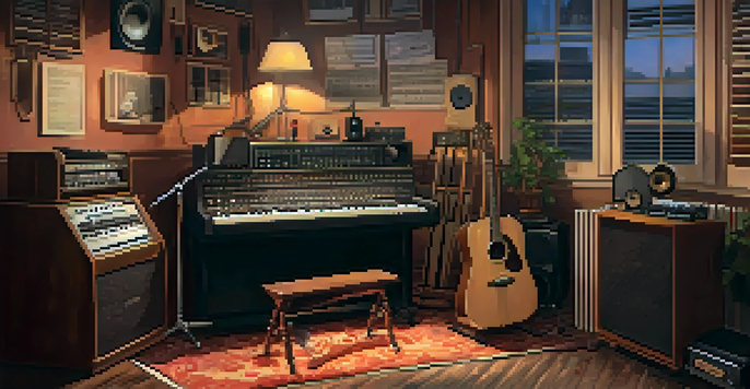 A sound studio featuring a vintage microphone, musical instruments, and warm lighting.