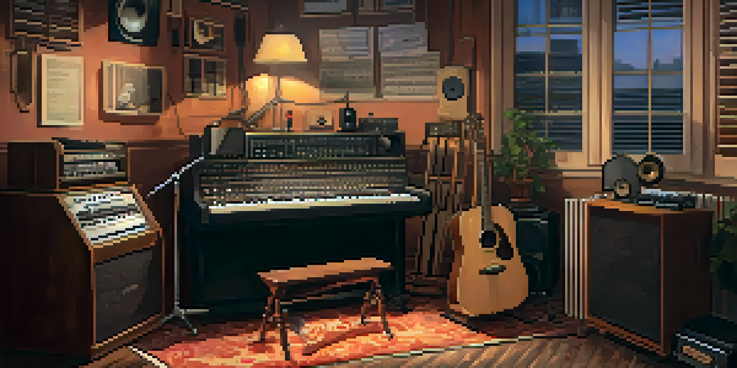 A sound studio featuring a vintage microphone, musical instruments, and warm lighting.