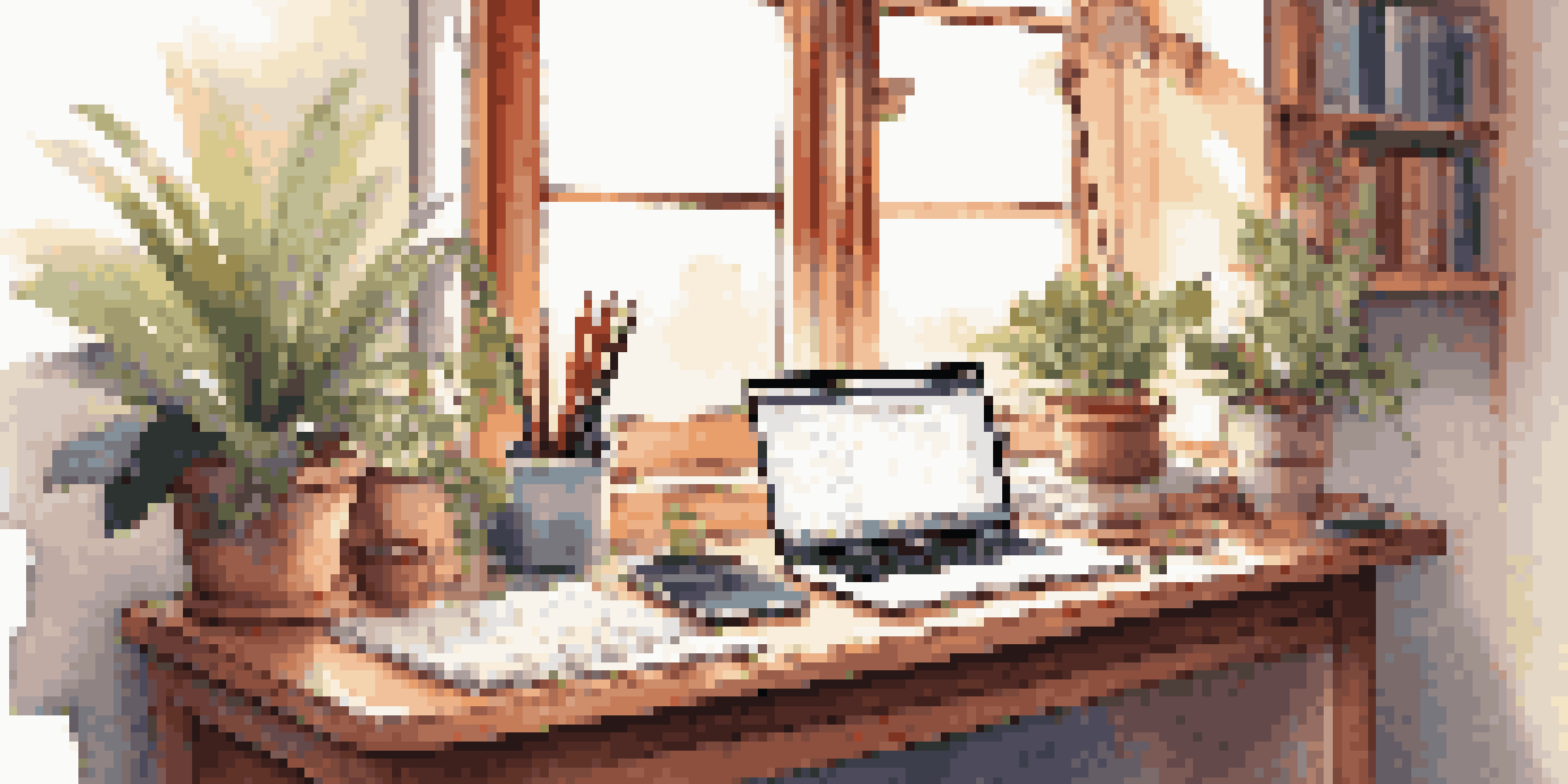 A cozy workspace with a wooden desk, an open notebook, colorful pens, a laptop, headphones, and a potted plant, bathed in soft sunlight.