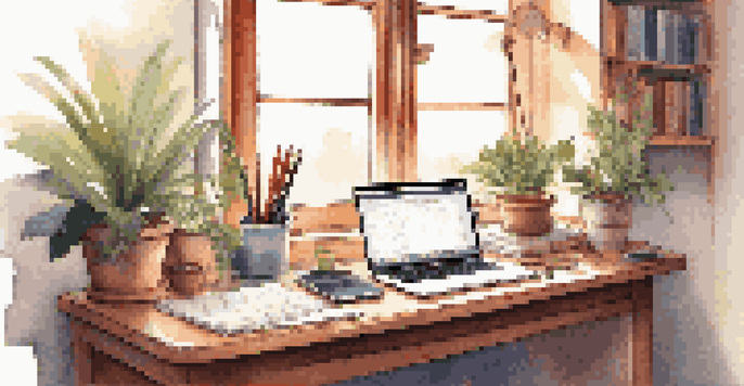 A cozy workspace with a wooden desk, an open notebook, colorful pens, a laptop, headphones, and a potted plant, bathed in soft sunlight.