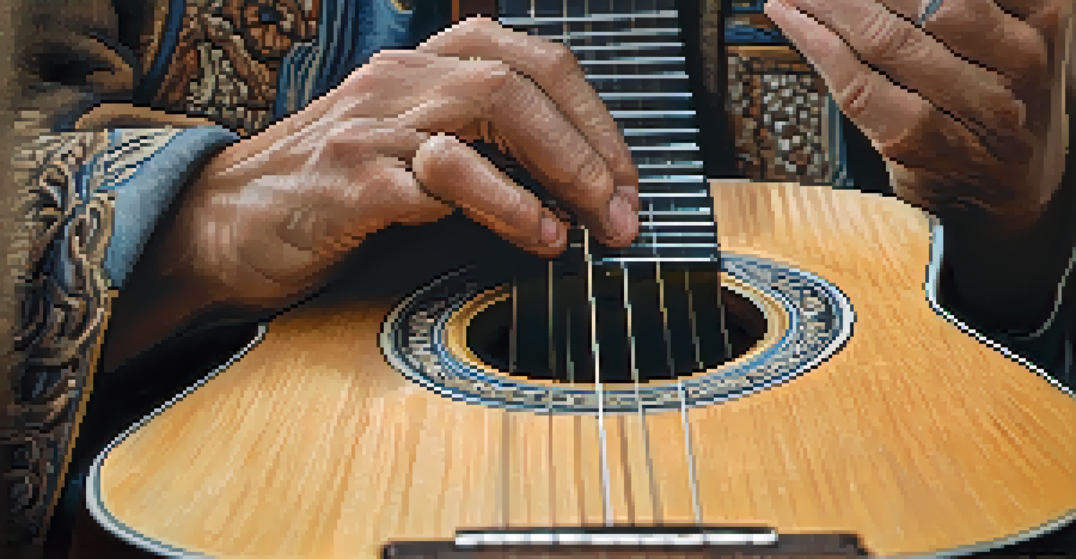 A close-up of a hand strumming a traditional acoustic guitar, highlighting the guitar's wood grain and the person's fingers.