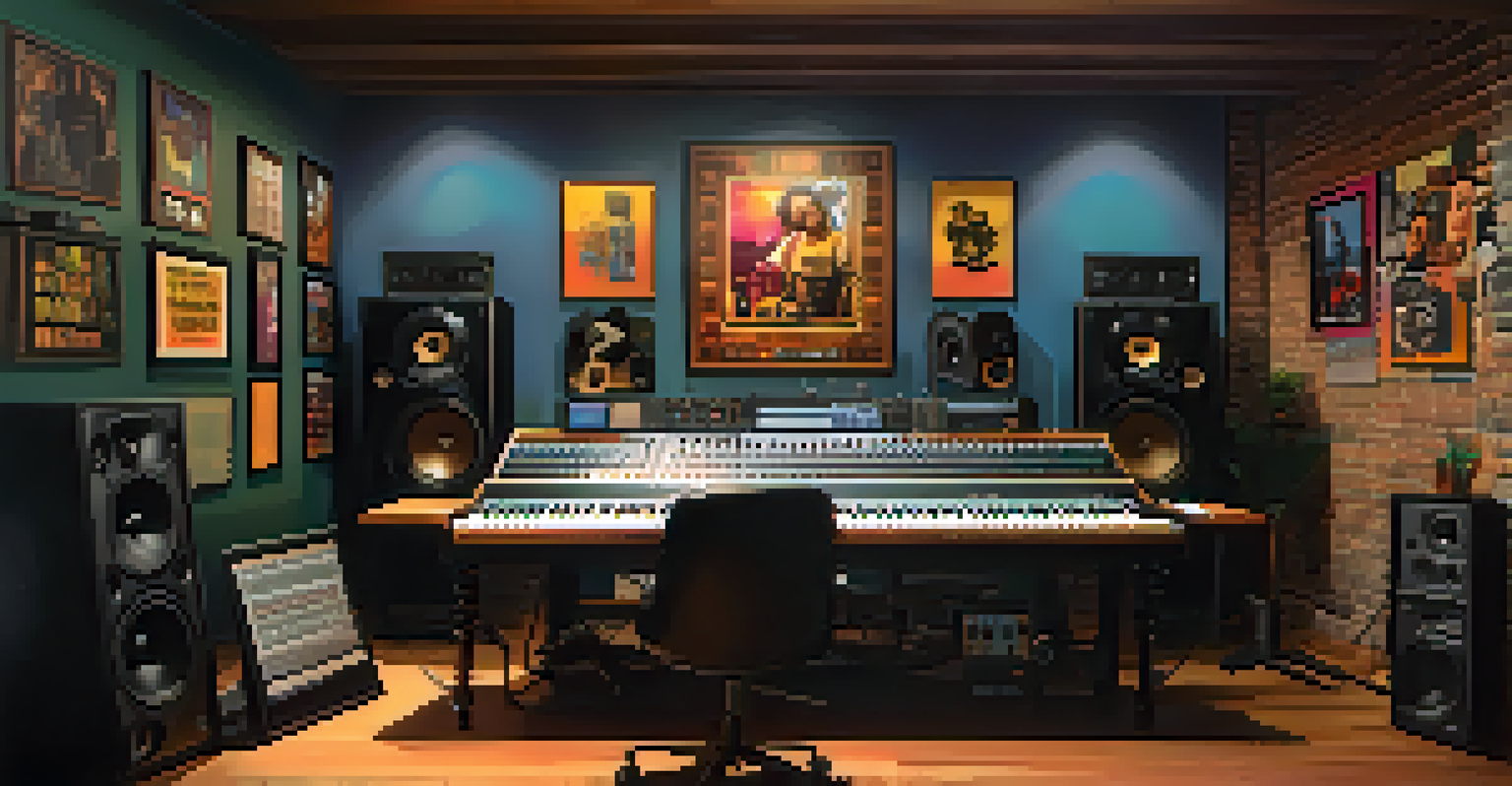 Inside a recording studio, diverse artists collaborate on music, surrounded by sound equipment and colorful hip-hop posters, in a cozy, softly lit environment.