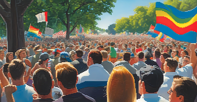 A lively political rally with a diverse crowd holding signs and a band playing on stage under bright sunlight.