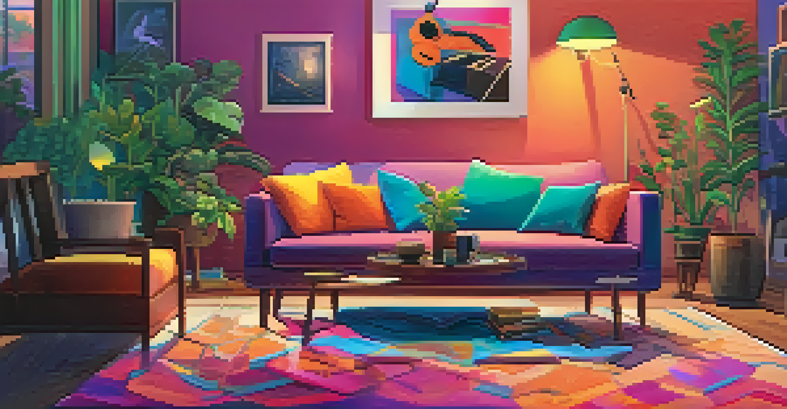 A digital device displaying a colorful music playlist in a cozy living room setting.