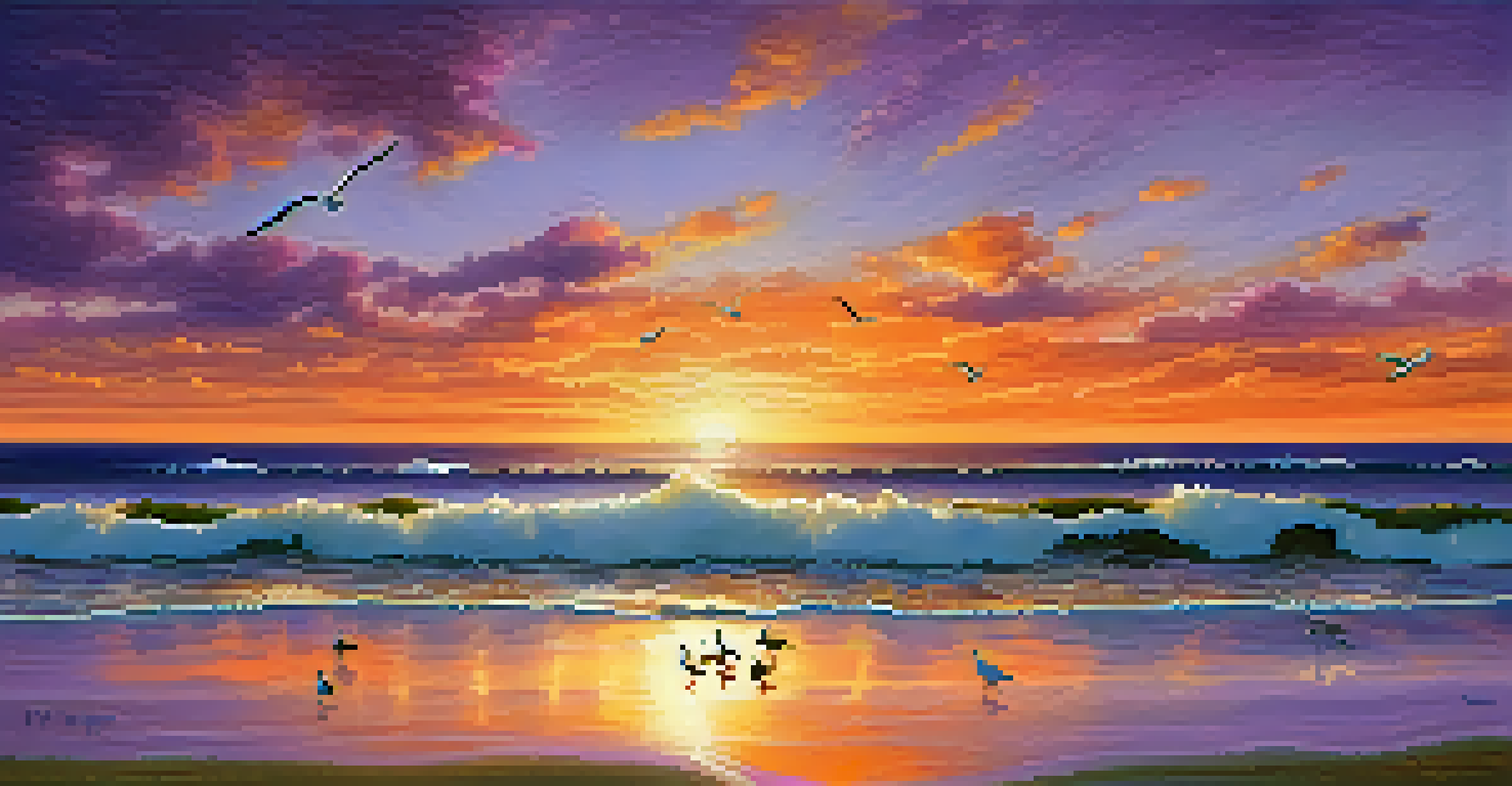 A beautiful beach at sunset with waves gently crashing on the shore and colorful skies, creating a calm and peaceful environment.