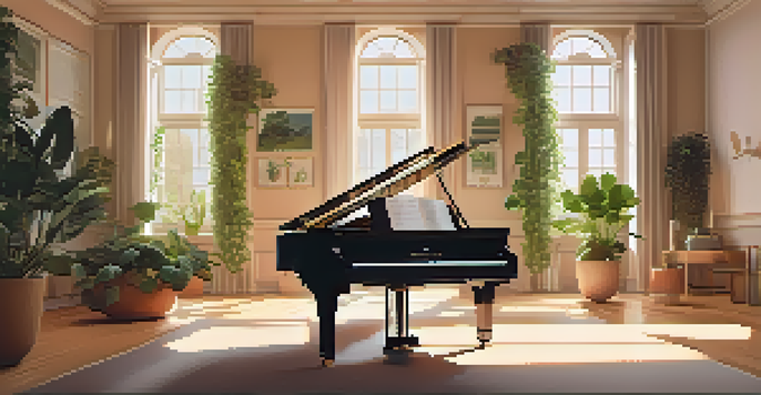 A musician practicing at a grand piano in a sunlit, serene room filled with plants and warm colors.