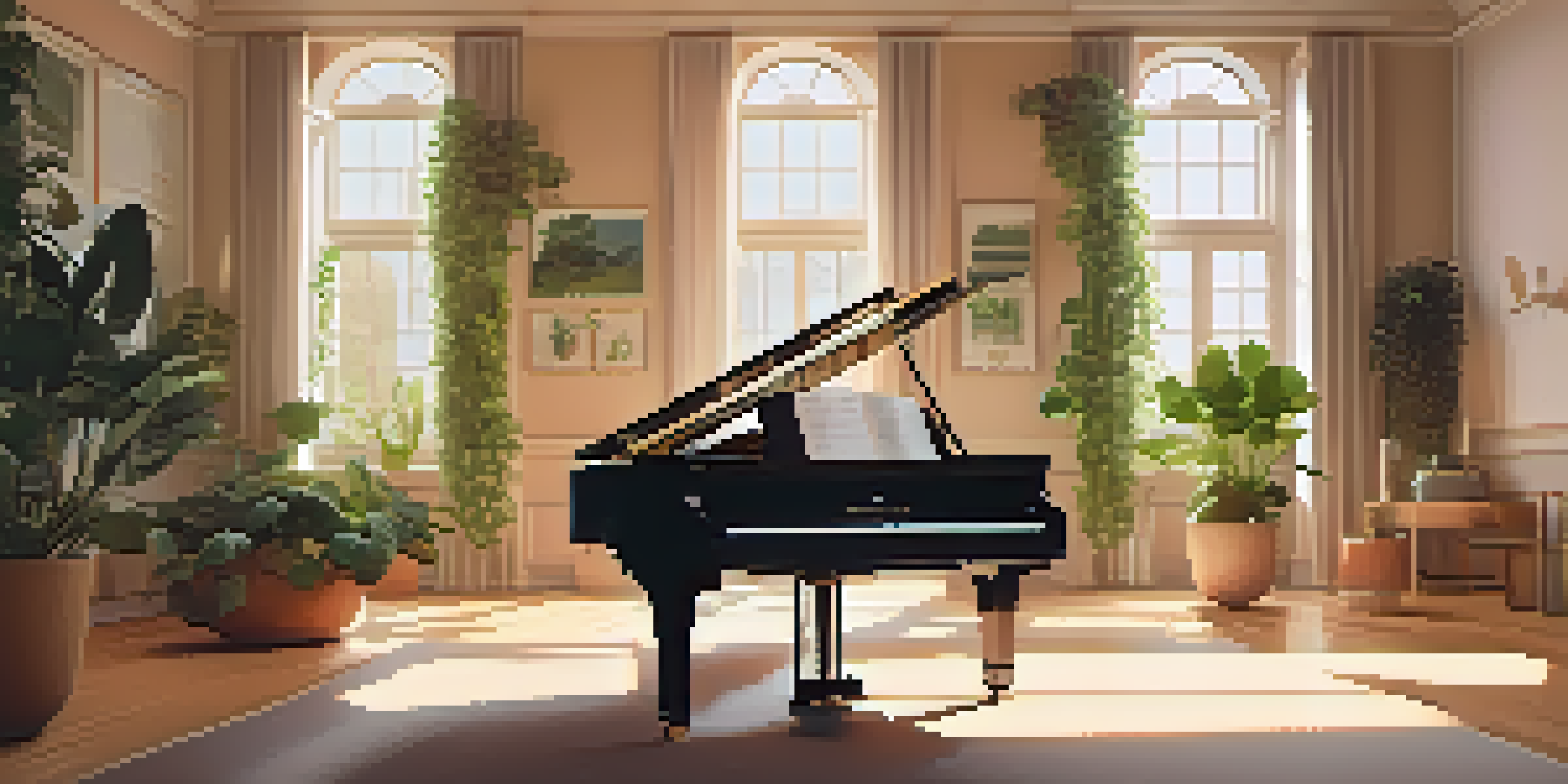 A musician practicing at a grand piano in a sunlit, serene room filled with plants and warm colors.