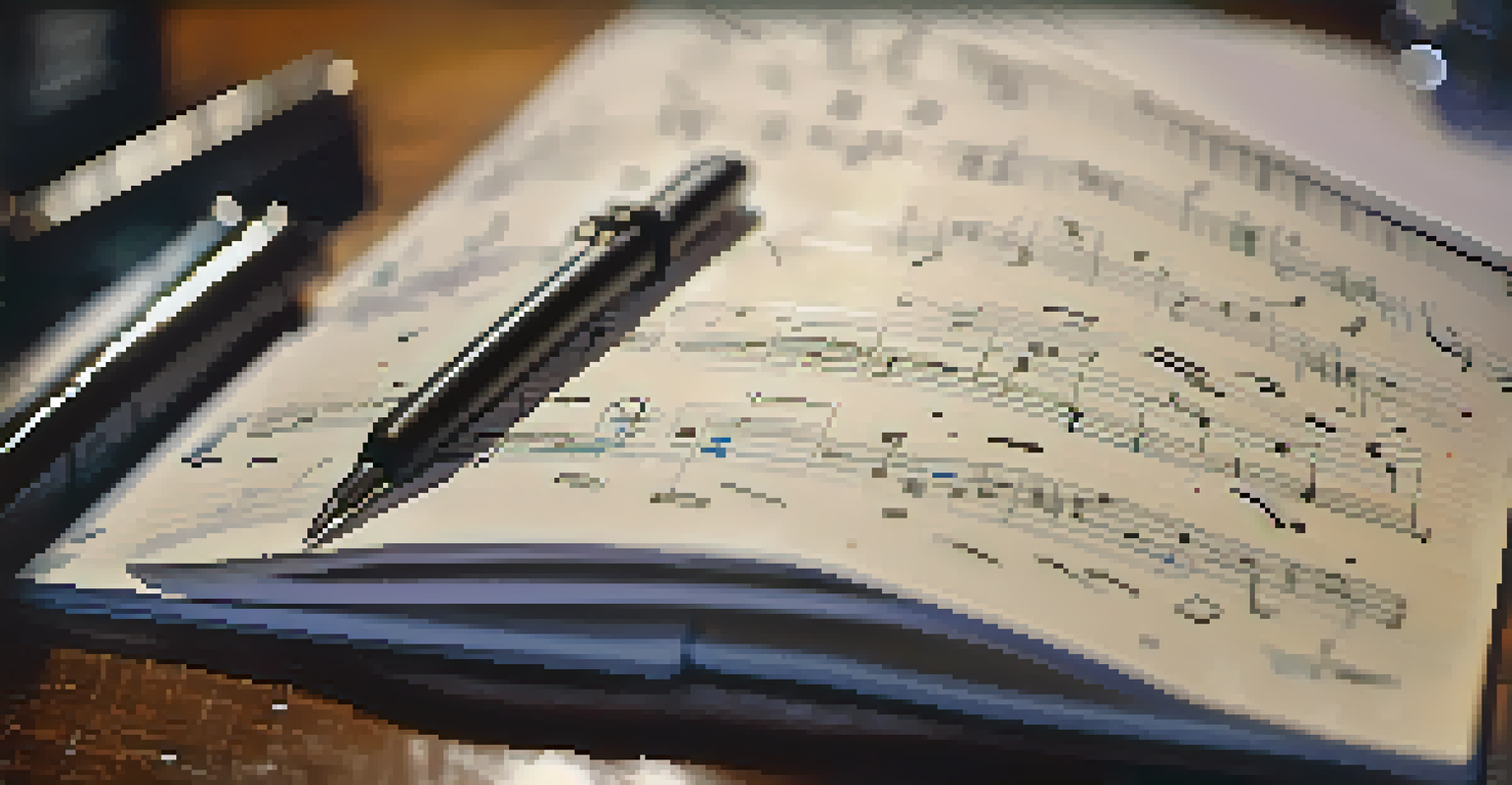 A close-up of a hand holding a pen over a notebook with lyrics, surrounded by soft bokeh lights.