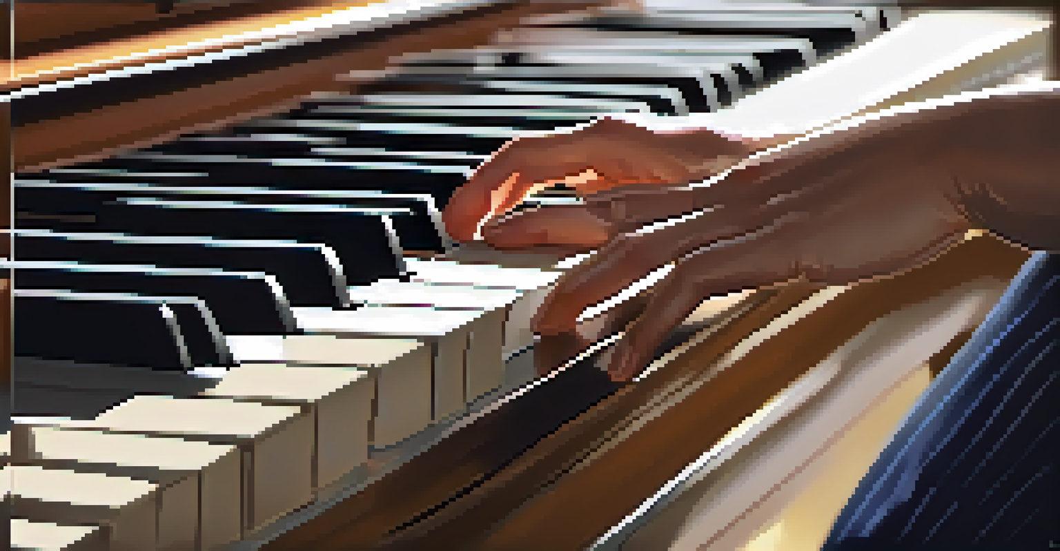A close-up of a patient playing a piano with sheet music, illuminated by soft sunlight, highlighting the therapeutic aspect of music.