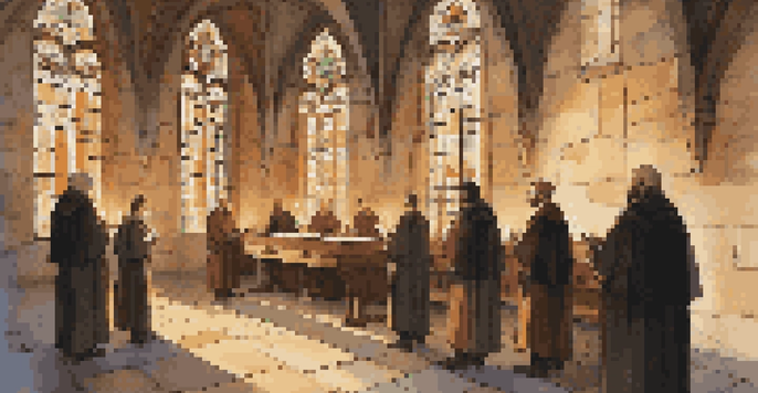 A medieval monastery interior with male singers in robes performing Gregorian chant, illuminated by stained glass windows.