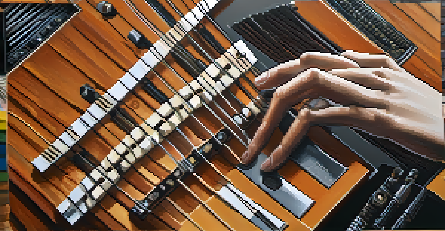 Close-up of a musician's hands playing a traditional instrument with modern technology in the background, representing the fusion of music styles.