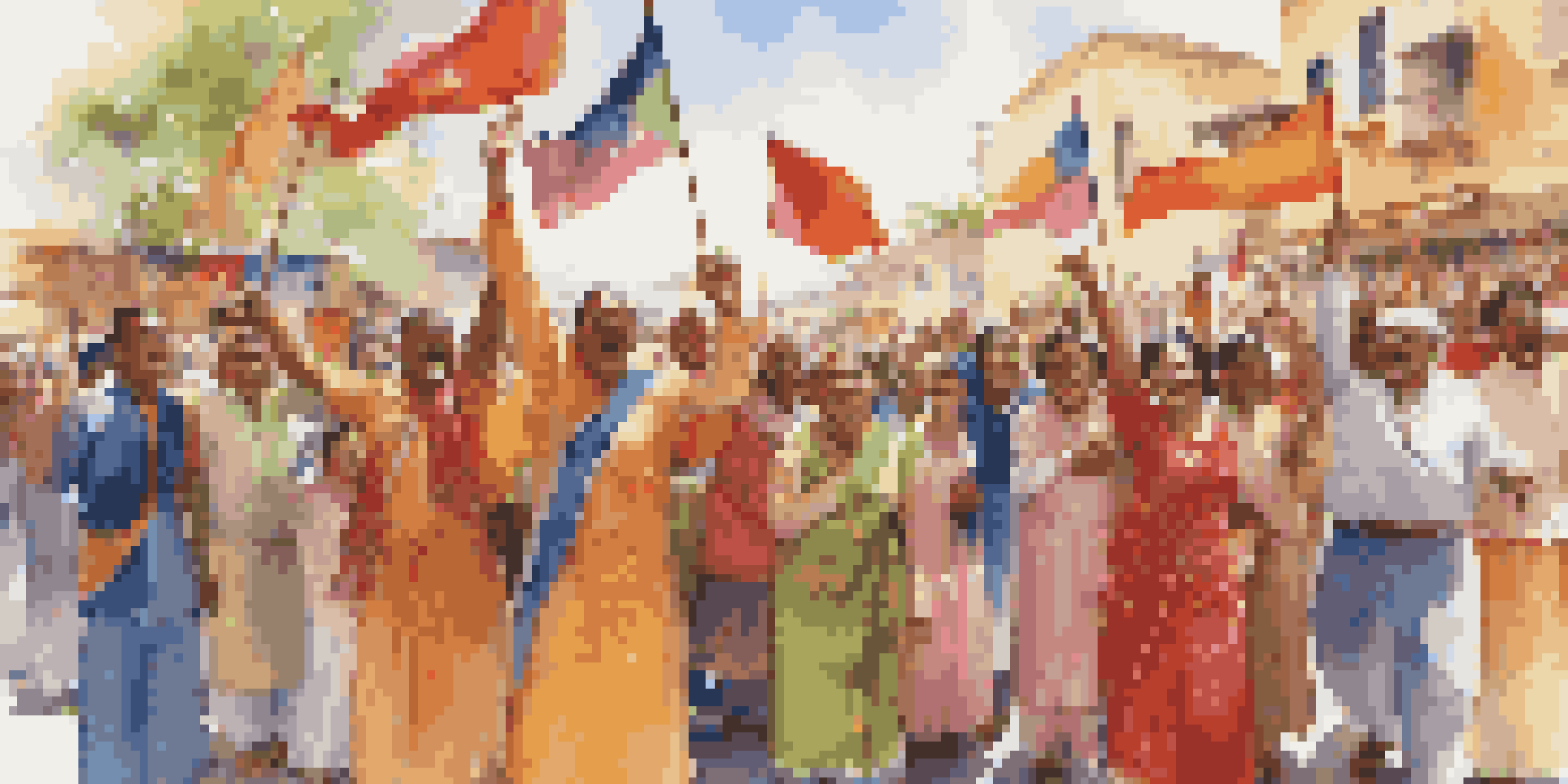 A diverse group of people celebrating their national anthem at a festival, wearing colorful traditional clothing and waving flags under warm sunlight.