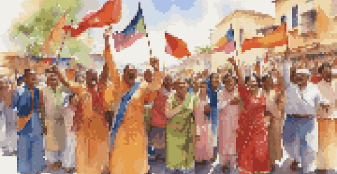 A diverse group of people celebrating their national anthem at a festival, wearing colorful traditional clothing and waving flags under warm sunlight.