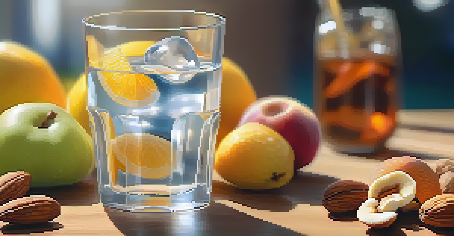 A close-up of a glass of water on a table with healthy snacks, symbolizing hydration for vocal health, with a blurred singer in the background.
