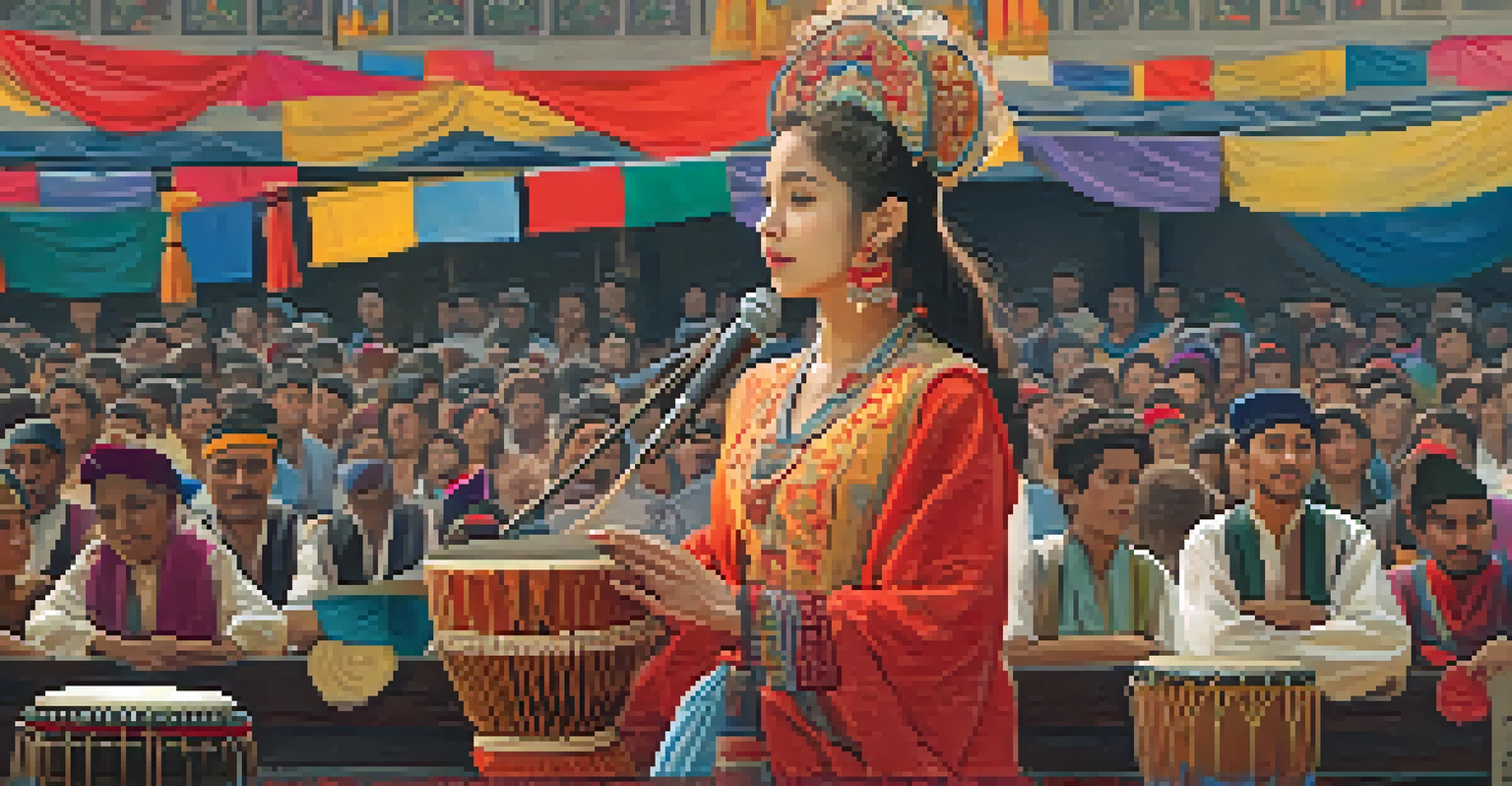 A young woman in traditional clothing performing a folk song on stage, surrounded by an engaged audience and colorful cultural banners.