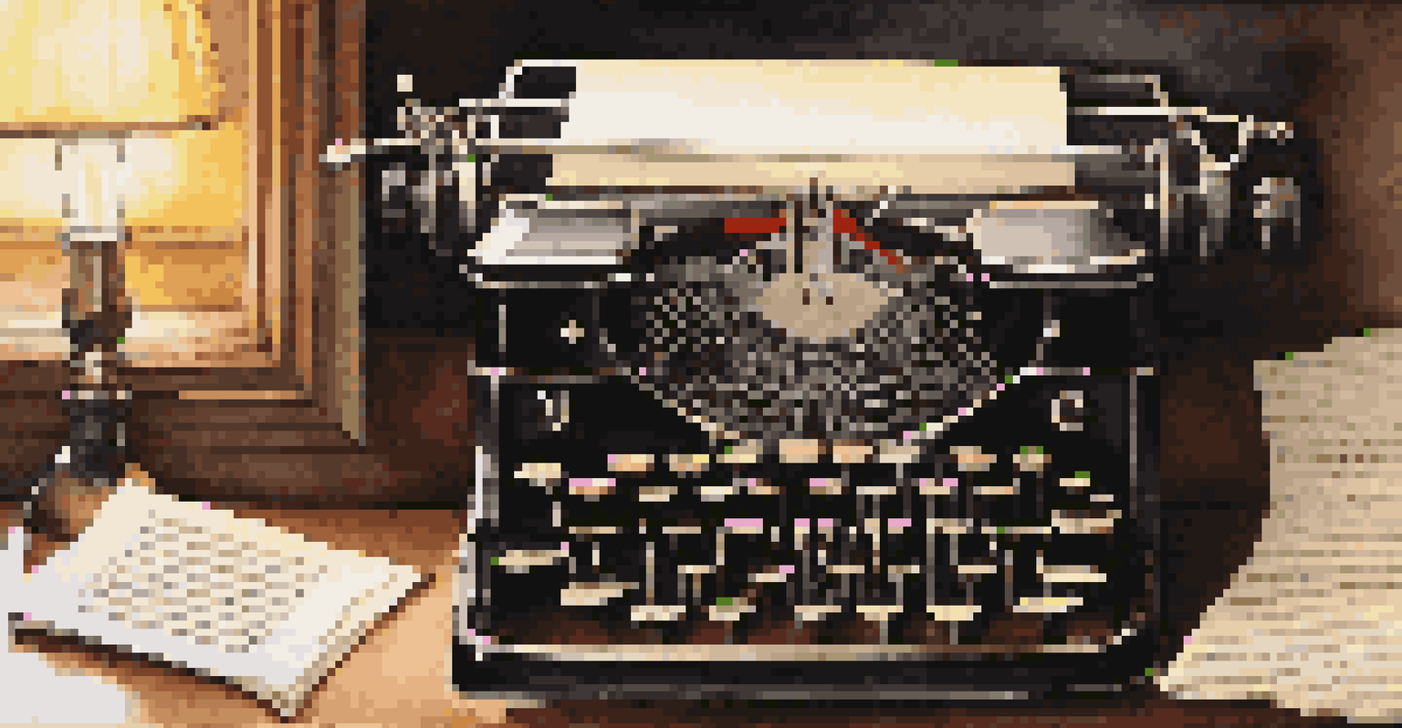 A close-up of a vintage typewriter with a blank paper and scattered handwritten lyrics, illuminated by warm light from a lamp.